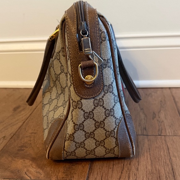 Vintage Gucci Boston Bag Beige and Brown Canvas Handbag with Green-Red Stripe - Picture 3 of 11